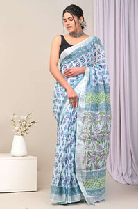 Hand Block Printed Linen Saree With Unstitched Blouse