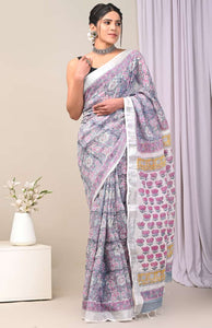 Hand Block Printed Linen Saree With Unstitched Blouse