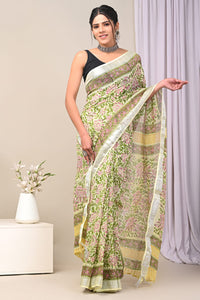 Hand Block Printed Linen Saree With Unstitched Blouse