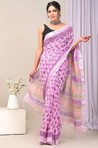 Hand Block Printed Linen Saree With Unstitched Blouse