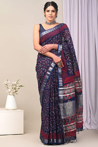 Hand Block Printed Linen Saree With Unstitched Blouse