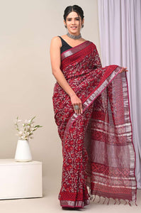 Hand Block Printed Linen Saree With Unstitched Blouse