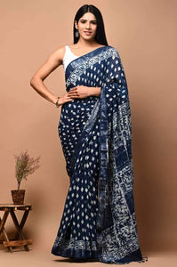 Hand Block Printed Linen Saree With Unstitched Blouse