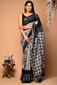 Hand Block Printed Linen Saree With Unstitched Blouse