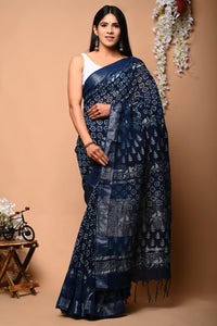 Hand Block Printed Linen Saree With Unstitched Blouse