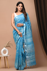 Hand Block Printed Linen Saree With Unstitched Blouse