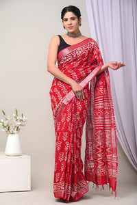 Hand Block Printed Linen Saree With Unstitched Blouse