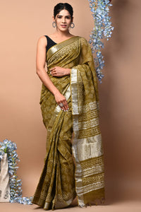 Hand Block Printed Linen Saree With Unstitched Blouse