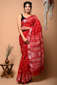 Hand Block Printed Linen Saree With Unstitched Blouse