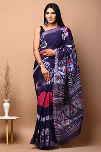 Hand Block Printed Linen Saree With Unstitched Blouse