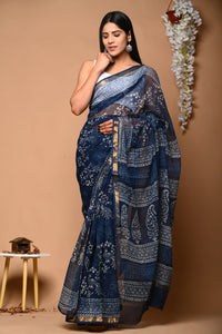 Pure Indigo Hand Block Butta Printed Kota Doria Saree