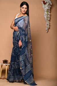 Pure Indigo Hand Block Butta Printed Kota Doria Saree