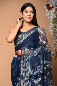 Pure Indigo Block Printed Kota Doria Saree