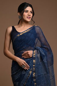 Astral Blue Pure Hand Block Printed Kota Doria Saree