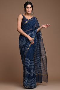 Astral Blue Pure Hand Block Printed Kota Doria Saree