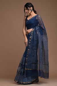 Astral Blue Pure Hand Block Printed Kota Doria Saree