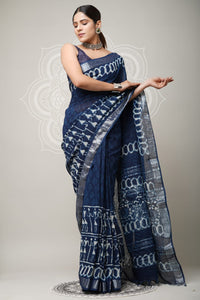 Hand Block Printed Linen Saree With Unstitched Blouse