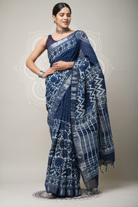 Hand Block Printed Linen Saree With Unstitched Blouse