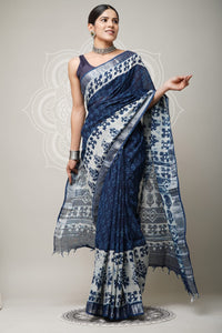 Hand Block Printed Linen Saree With Unstitched Blouse