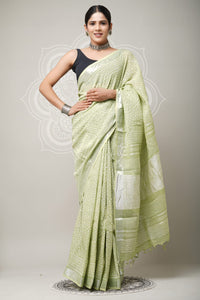 Hand Block Printed Linen Saree With Unstitched Blouse