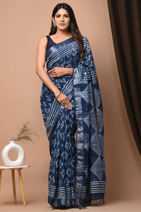 Hand Block Printed Linen Saree With Unstitched Blouse