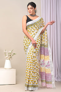 Hand Block Printed Linen Saree With Unstitched Blouse