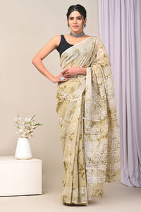 Hand Block Printed Linen Saree With Unstitched Blouse