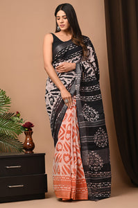 Hand Block Printed Linen Saree With Unstitched Blouse