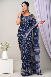 Hand Block Printed Linen Saree With Unstitched Blouse